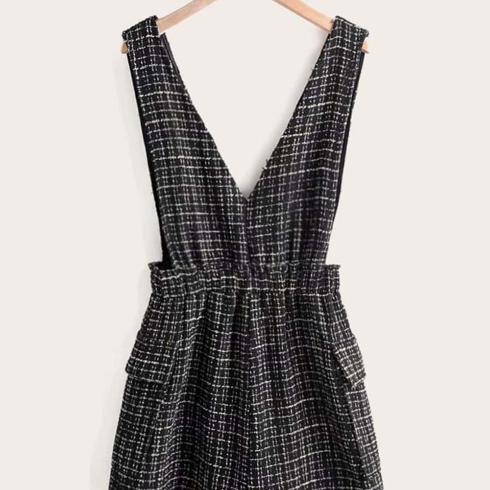 Tweed Flap Pocket Plaid Pinafore Dress